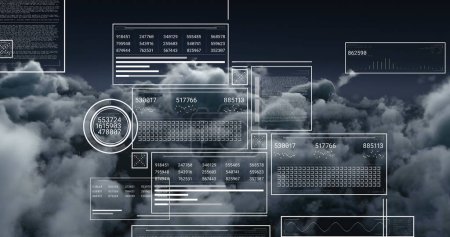 Téléchargez les photos : Image de traitement de données au-dessus du ciel avec nuages. Concept mondial de finance, d'informatique et d'interface numérique image générée numériquement. - en image libre de droit