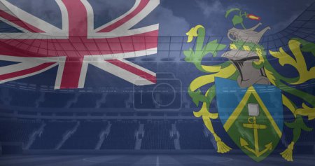 Image of flag of pitcairn islands over sport stadium. Sports, competition, entertainment and technology concept digitally generated image.