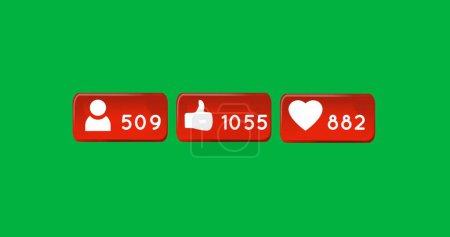 Digital image of follow, like and heart icons with increasing numbers on a green background 4k