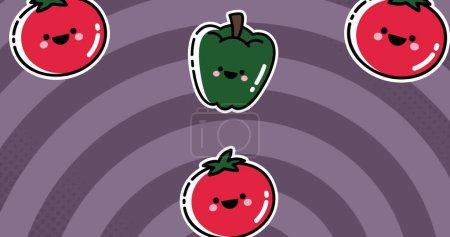 Téléchargez les photos : Image de poivrons et tomates se déplaçant sur fond violet. Alimentation, fruits, légumes et monde végétalien concept de journée image générée numériquement. - en image libre de droit