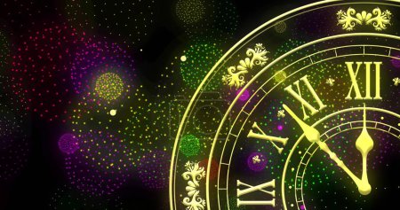 Image of clock showing midnight and fireworks exploding on black background. New year, new year's eve, party, celebration and tradition concept digitally generated image.