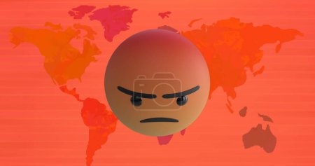 Image of angry emoji icon over world map. global connections and technology concept digitally generated image.