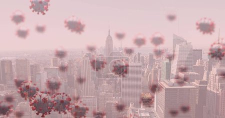 Bild von lebendigen 19 Zellen, die über dem Stadtbild auf rosa Hintergrund schweben. Global Coronavirus covid 19 Pandemiekonzept digital generierte Bild.