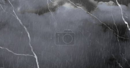 Image of bolts of lightning over rain and grey cloudy sky, black and white. Nature, science and power, monochrome abstract background concept digitally generated image.