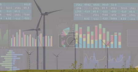 Photo for Image of financial data processing over wind turbines and landscape. global finance, business and digital interface concept digitally generated image. - Royalty Free Image