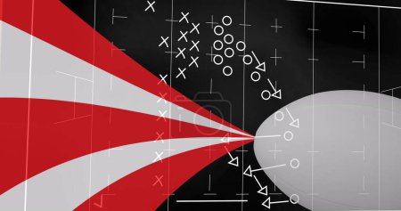 Image of drawing of game plan over rugby ball and red and white stripes. sports and competition concept digitally generated image.