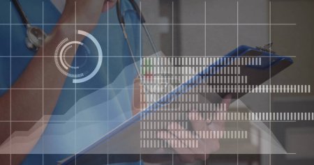 Image of circles, audio levels, midsection of caucasian female doctor writing on clipboard. Digital composite, multiple exposure, equalizer, progress, medical, healthcare and technology concept.