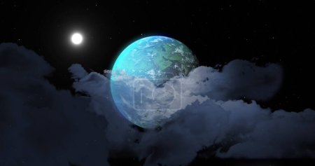 Téléchargez les photos : Image de la planète bleue sur le ciel nocturne avec la lune. Planètes, cosmos et univers concept image générée numériquement. - en image libre de droit
