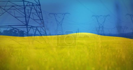 Photo for Image of flag of ukraine over field and electricity poles. ukraine crisis, economic and energetic crash and international politics concept digitally generated image. - Royalty Free Image