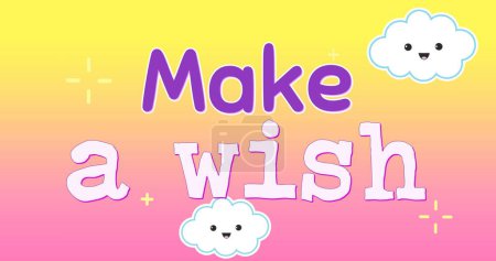 Digital image of text for children that reads make a wish. The background is a pink and yellow sky with smiling clouds and yellow stars that moves to the left. 4k