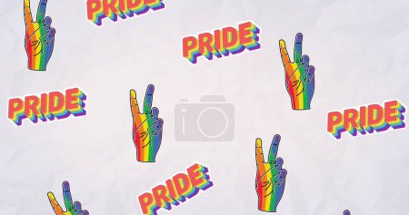 Photo for Image of rainbow pride text and victory signs over rainbow background. Pride month, lgbt, equality and human rights concept digitally generated image. - Royalty Free Image