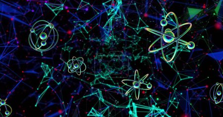 Photo for Image of atom models spinning and connections on black background. Global science, research, connections, computing and data processing concept digitally generated image. - Royalty Free Image