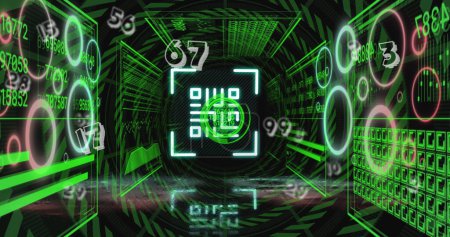 Image of qr code and data processing over neon tunnel. Global computing, connections and data processing concept digitally generated image.