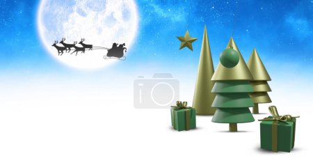 Photo for Image of christmas decorations over santa claus in sleigh with reindeer and moon on sky. Christmas, tradition and celebration concept digitally generated image. - Royalty Free Image