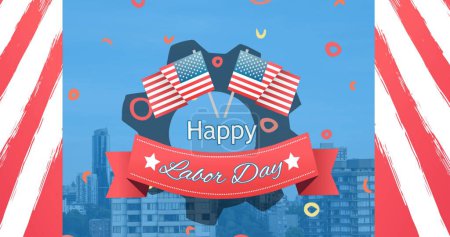 Image of happy labor day text over cityscape. labor day and celebration concept digitally generated image.