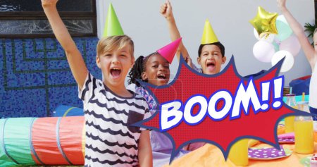 Photo for Image of the Boom! text written over cartoon retro speech bubble on children having fun at birthday party in the background. Vintage comic concept digitally generated image. - Royalty Free Image