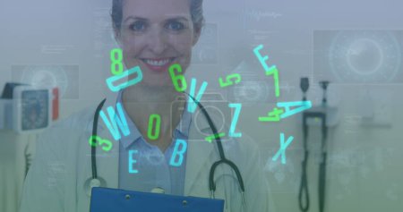Image of numbers and letters changing and scopes on screens over female doctor with stethoscope. medicine, digital interface and data processing concept digitally generated image.