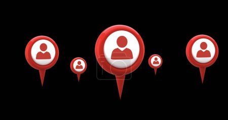 Photo for Digital image of red map pins with profile icon in the middle hovering against the black screen - Royalty Free Image
