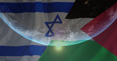 Foto de Imagen de globo sobre bandera de Israel y Palestina. Palestina Israel conflickt, finanzas, negocios y política global concepto de imagen generada digitalmente. - Imagen libre de derechos