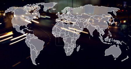 Photo for Image of world map over fast speed traffic on city road at night. Global communication, travel and digital interface concept digitally generated image. - Royalty Free Image