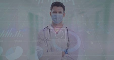 Photo for Image of data processing over caucasian male doctor with face mask. global medicine and data processing during covid 19 pandemic concept digitally generated image. - Royalty Free Image