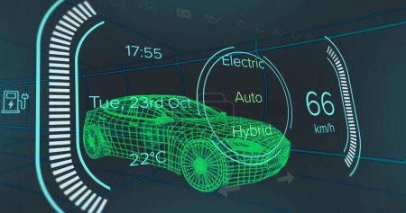 Bild der Auto-Schnittstelle über digitales Auto-Modell auf schwarzem Hintergrund. globales Transport-, Technologie- und digitales Schnittstellenkonzept digital generiertes Bild.