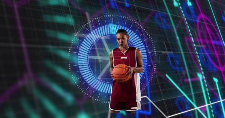 Photo for Image of african american female basketball player over scope scanning on black background. sport, connections and digital interface concept digitally generated image. - Royalty Free Image