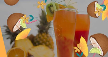 Photo for Image of flowers and decorations over drinks. celebration and digital interface concept digitally generated image. - Royalty Free Image