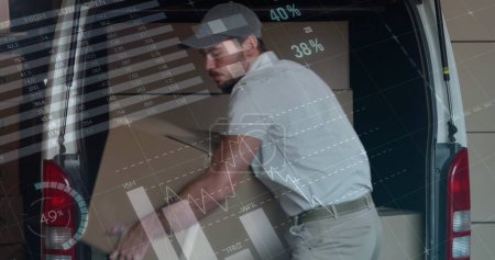 Photo for Rear view of Caucasian deliveryman unloading packages from the back of a van. Digital image of graphs and statistics are running in the foreground - Royalty Free Image