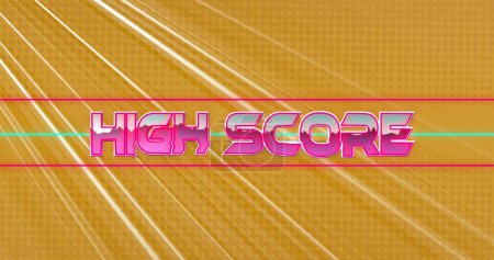 Image of high score text banner over light trails against yellow background. image game and entertainment technology concept