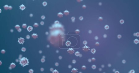 Téléchargez les photos : Image de cellules macro Covid-19 flottant sur fond bleu marine. Coronavirus Covid-19 pandémie concept composite numérique. - en image libre de droit