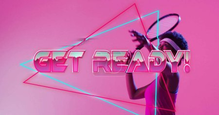 Photo for Image of get ready text, neon pattern african american female tennis player. Global sports, image game, digital interface, communication, data processing concept digitally generated image. - Royalty Free Image