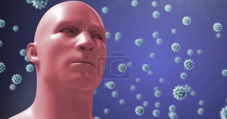 Téléchargez les photos : Image d'une tête humaine numérique avec des modèles de virus géants flottant sur un fond bleu. Coronavirus Covid-19 pandémie concept composite numérique. - en image libre de droit