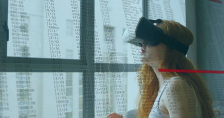 Photo for Image of woman in vr headset by window with interface and fast scrolling digital information. communication technology digital interface concept, digitally generated image. - Royalty Free Image