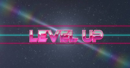 Image of level up text over light trails and spots on black background. Abstract background, color and retro future concept digitally generated image.