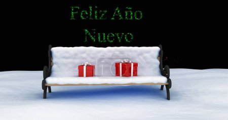 Photo for Image of feliz ano nuevo text over gifts on snow covered bench and new year fireworks at night. New year, party, celebration and tradition concept digitally generated image. - Royalty Free Image
