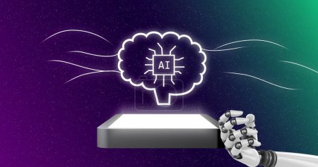 Image de la main robotique avec cerveau avec texte ai sur fond bleu. Concept de technologie et d'interface numérique image générée numériquement.