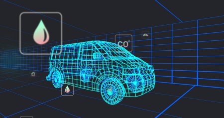 Imagen de múltiples iconos digitales sobre el modelo de furgoneta 3d que se mueve en un patrón sin costuras en un túnel. Ingeniería automotriz y concepto de energía sostenible