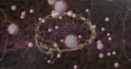 Foto de Imagen del cerebro humano y la hebra de ADN girando y covid 19 células flotando sobre fondo negro. global covid 19 pandemia concepto de imagen generada digitalmente. - Imagen libre de derechos