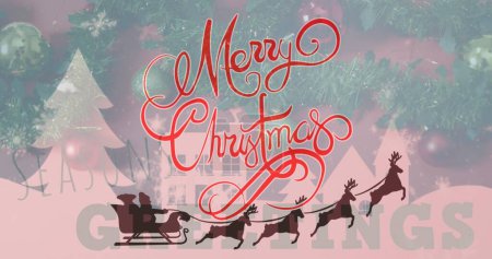 Photo for Image of christmas greetings text over christmas decorations and santa claus in sleigh. Christmas, festivity, celebration and tradition concept digitally generated image. - Royalty Free Image