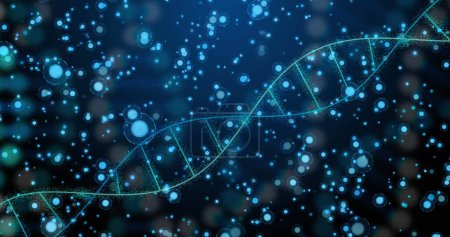 Foto de Imagen de ADN sobre puntos sobre fondo azul. Red, conexiones y concepto científico imagen generada digitalmente. - Imagen libre de derechos