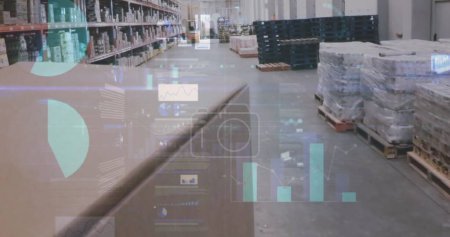 Digital composition of statistical data processing against warehouse in background. logistics and transportation business concept