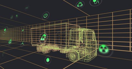 Imagen de múltiples iconos digitales sobre el modelo de camión 3d que se mueve en patrón sin costuras en un túnel. Ingeniería automotriz y concepto de energía sostenible