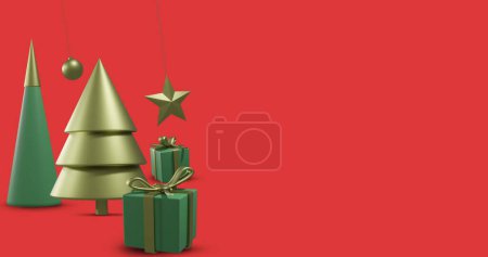 Photo for Image of christmas baubles and decorations on red background with copy space. Christmas, tradition and celebration concept digitally generated image. - Royalty Free Image