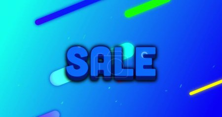 Sale written in blue with colourful shapes on blue background. vintage retail, colour and movement concept digitally generated image.