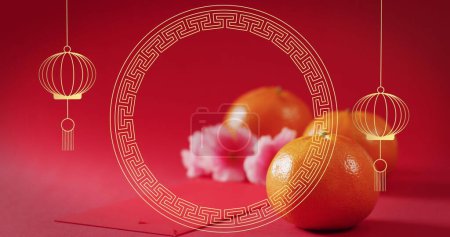 Téléchargez les photos : Image de motif chinois et décoration orange sur fond rouge. Nouvel an chinois, fête, célébration et concept de tradition image générée numériquement. - en image libre de droit
