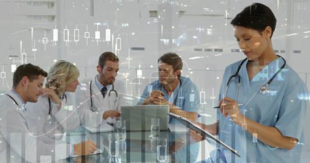 Image of statistics over medical staff. global connections, medicine , digital interface, technology and networking concept digitally generated image.