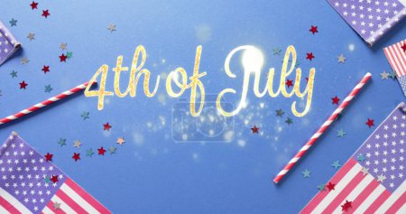Photo for Image of 4th of july text over flags of united states of america on blue background. American independence day, tradition and celebration concept digitally generated image. - Royalty Free Image