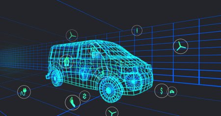 Bild mehrerer digitaler Symbole über einem 3D-Van-Modell, das sich nahtlos in einem Tunnel bewegt. Automobiltechnik und nachhaltiges Energiekonzept