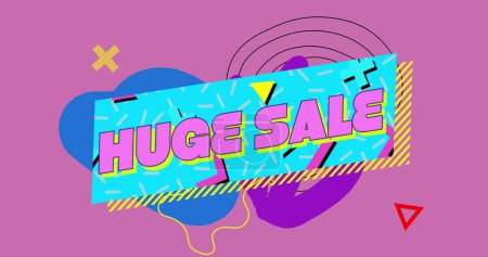 Photo for Image of retro huge sale text on blue banner with geometric shapes on pink background. vintage retail, savings and shopping concept digitally generated image. - Royalty Free Image